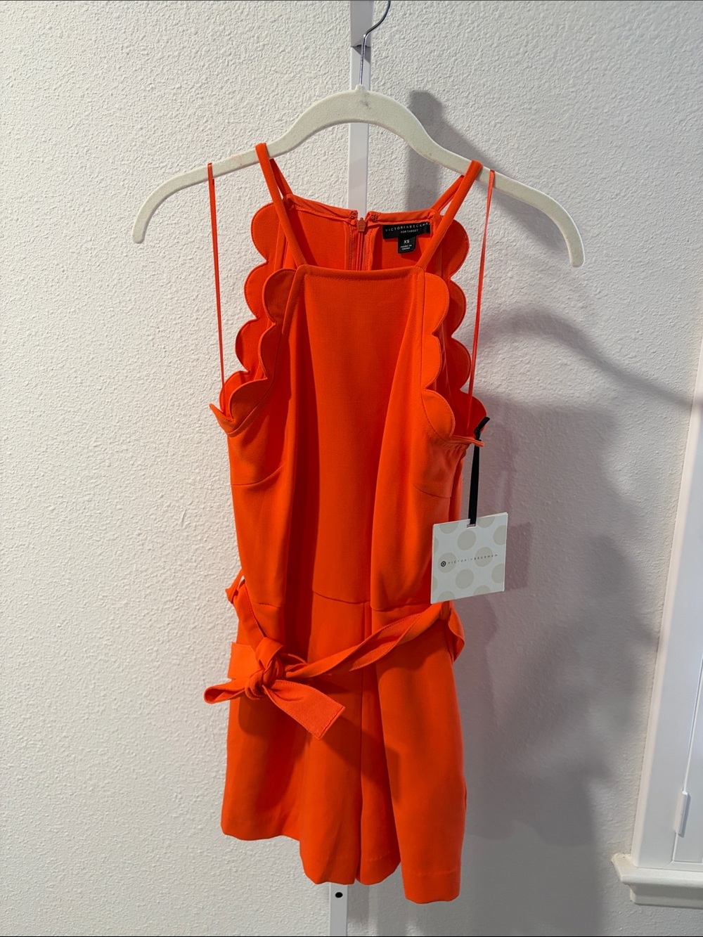 Victoria Beckham Bright Orange Scalloped Romper with Tie Waist